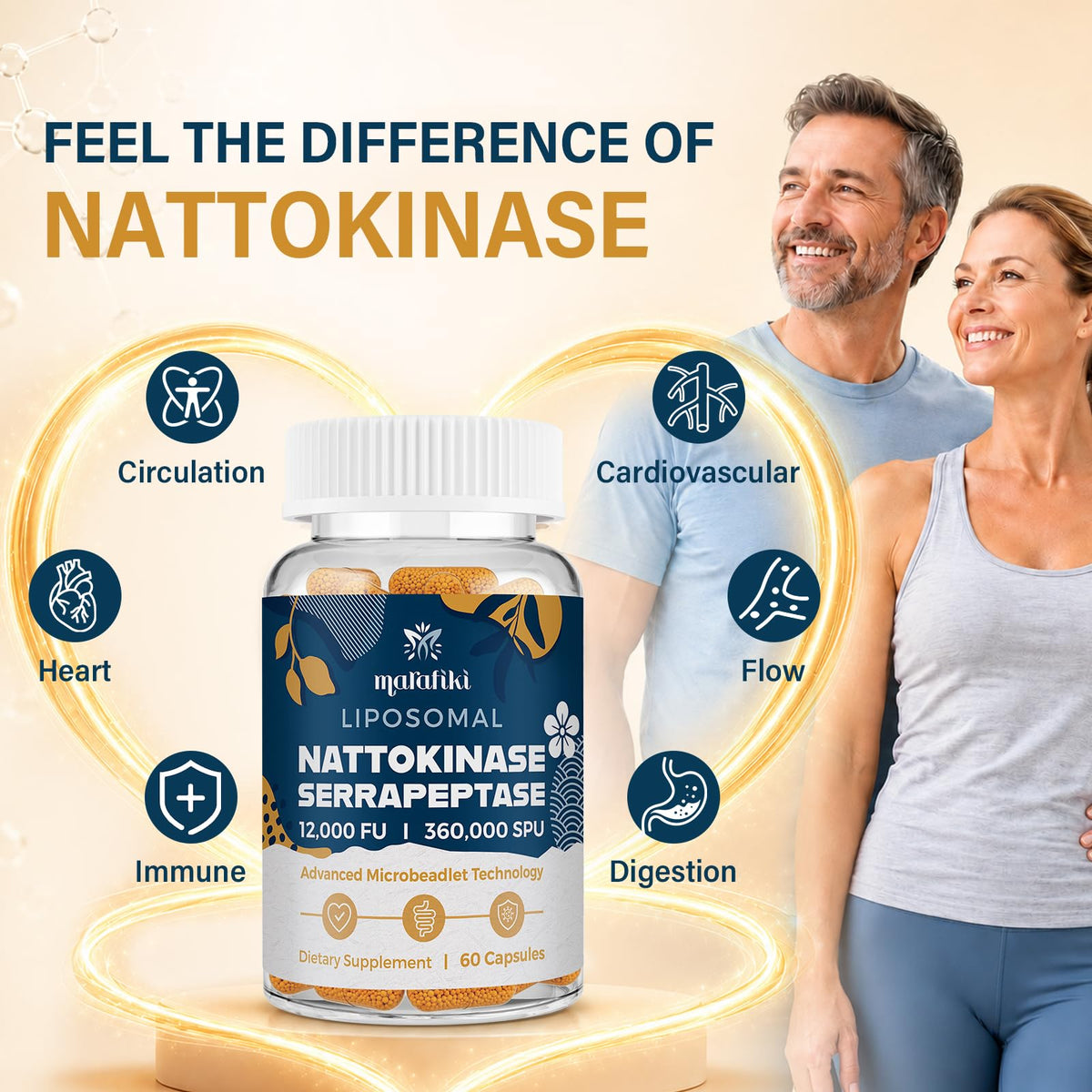 Marafiki Nattokinase 12 000 FU Liposomal flacon sur une table en bois