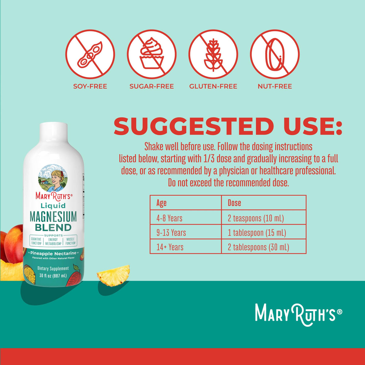 MaryRuth's Magnésium Liquide 30oz présentation avec fruits tropicaux