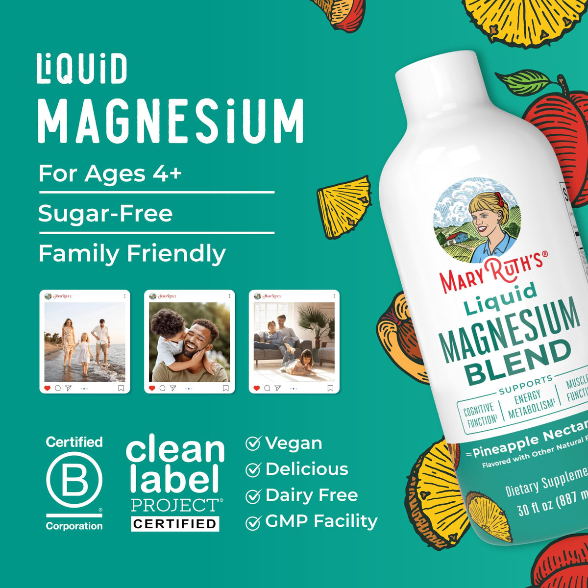 MaryRuth's Magnésium Liquide 30oz sur une table avec fruits