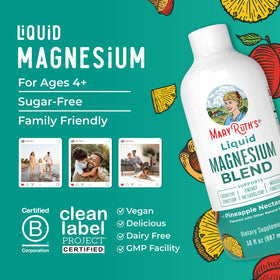 MaryRuth's Magnésium Liquide 30oz sur une table avec fruits