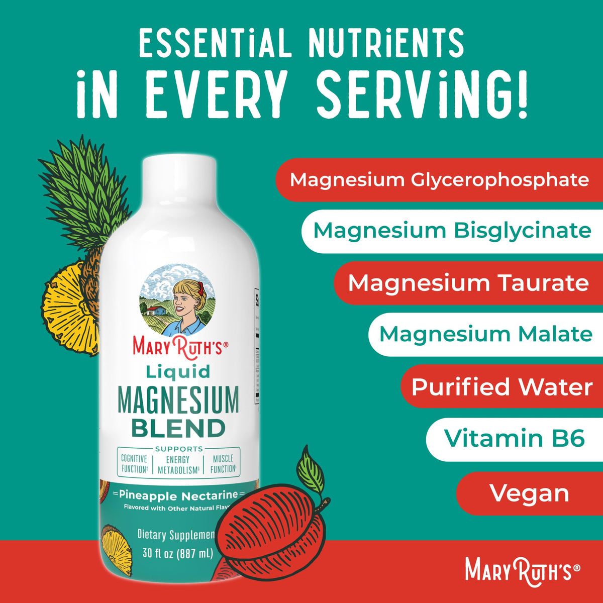 MaryRuth's Magnésium Liquide 30oz vue arrière avec ingrédients