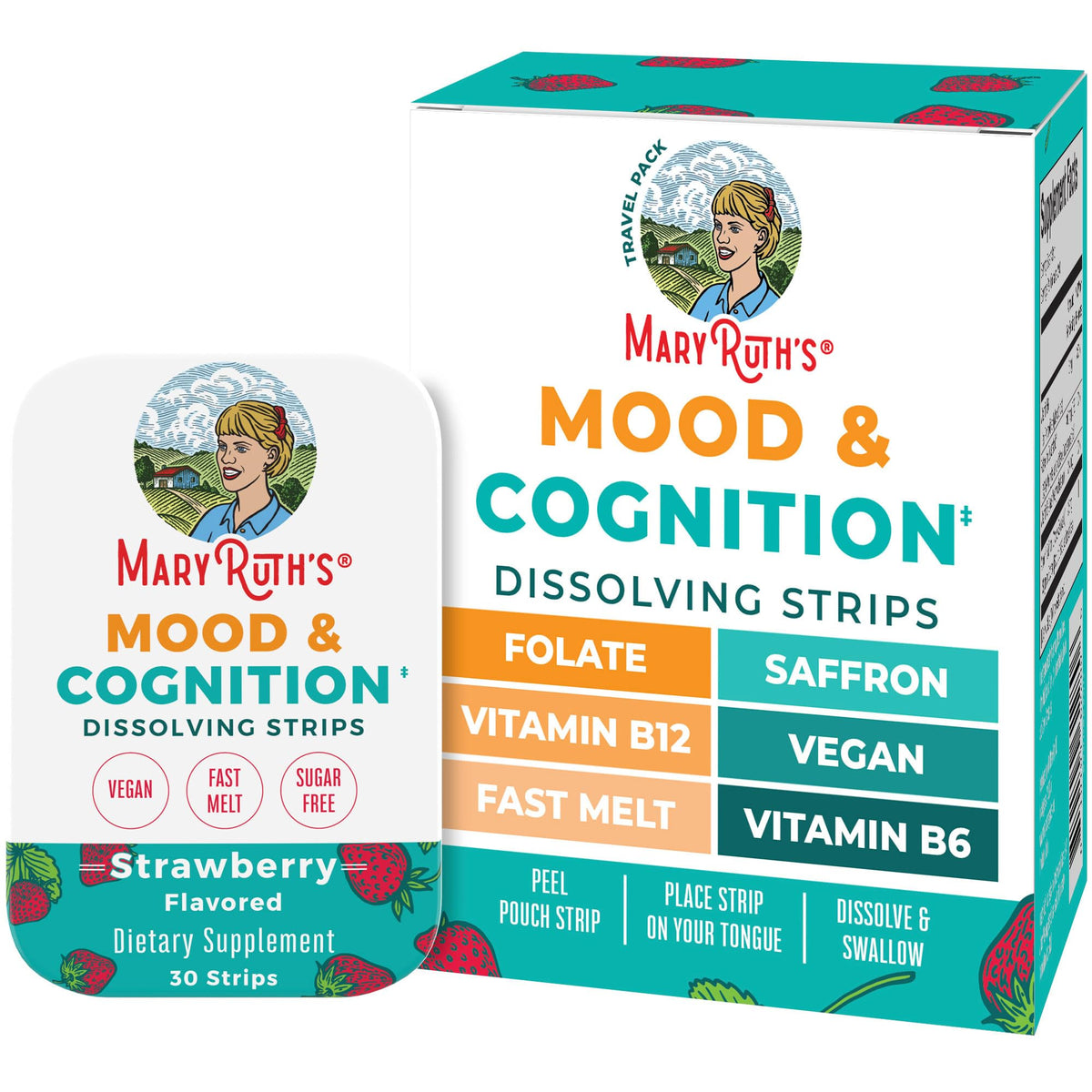 MARYRUTH'S Mood & Cognition Dissolving Strips fraise, ouverture de l'étui