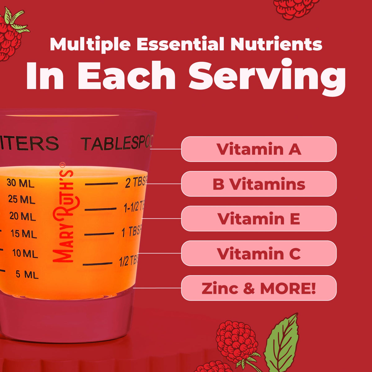 MARYRUTH'S Multivitamines Liquides Framboise 32 Servings - dosage dans une cuillère