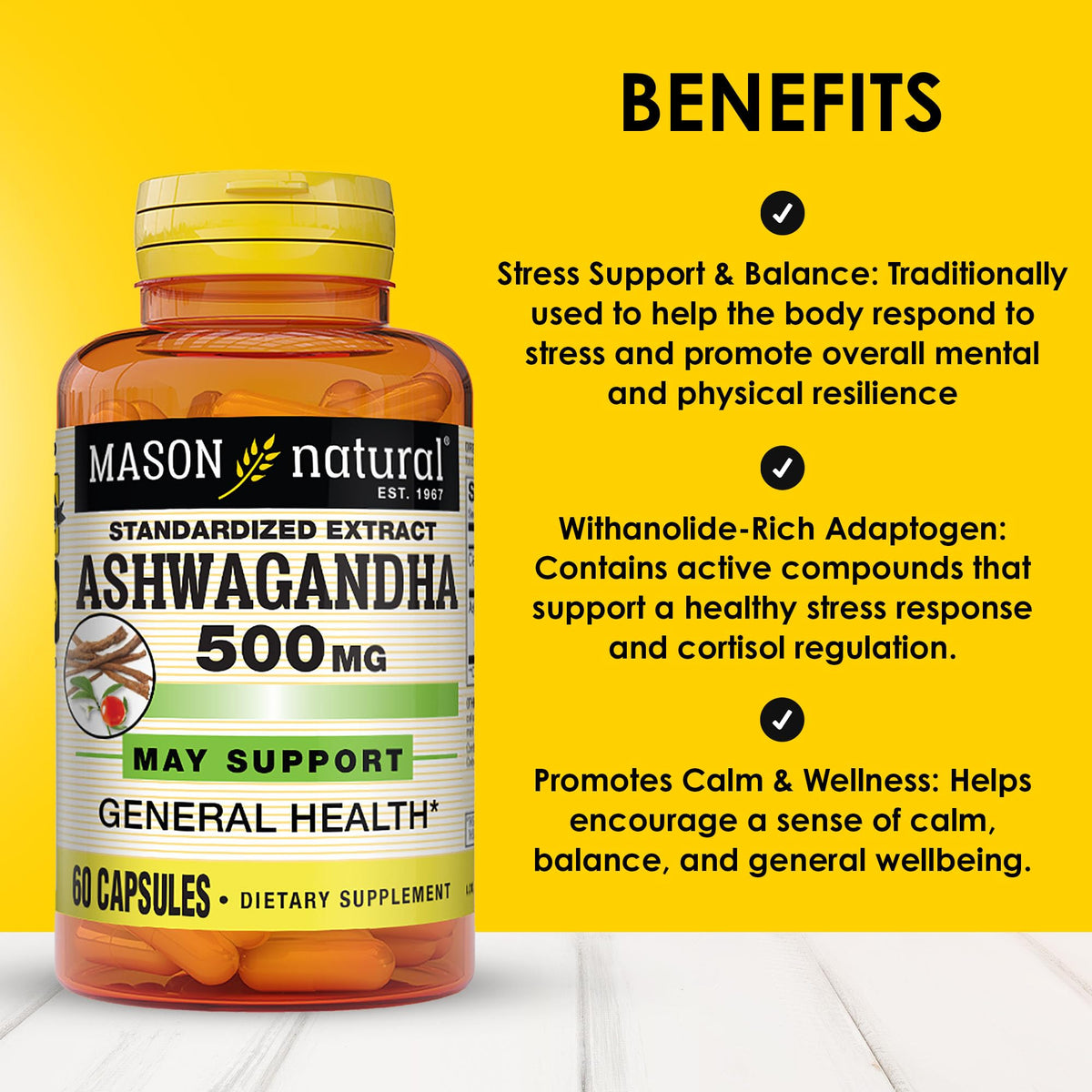 MASON NATURAL Ashwagandha 500 mg capsules sur une table