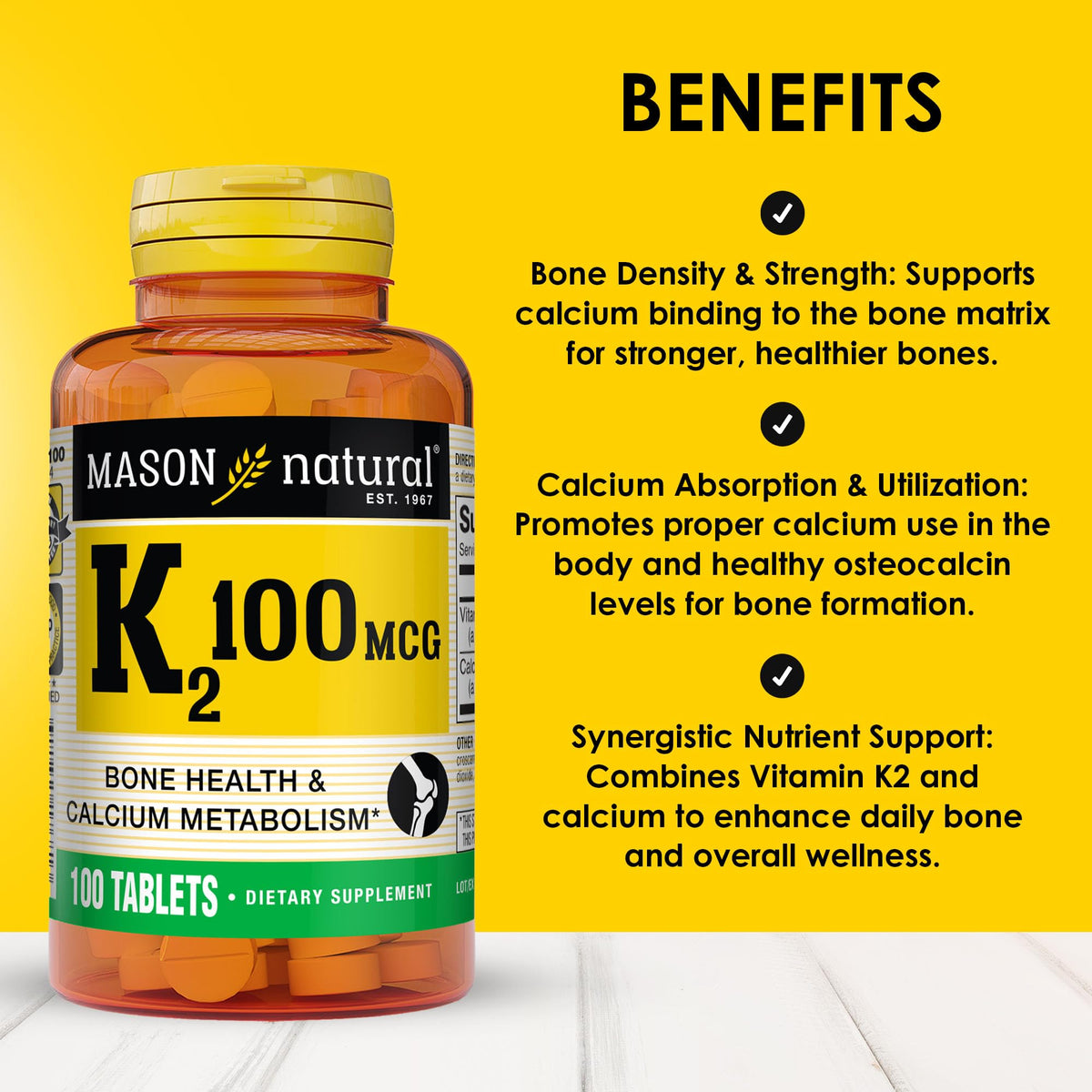 MASON NATURAL Complément Alimentaire K2 100 mcg avec Calcium, comprimés en vue de près