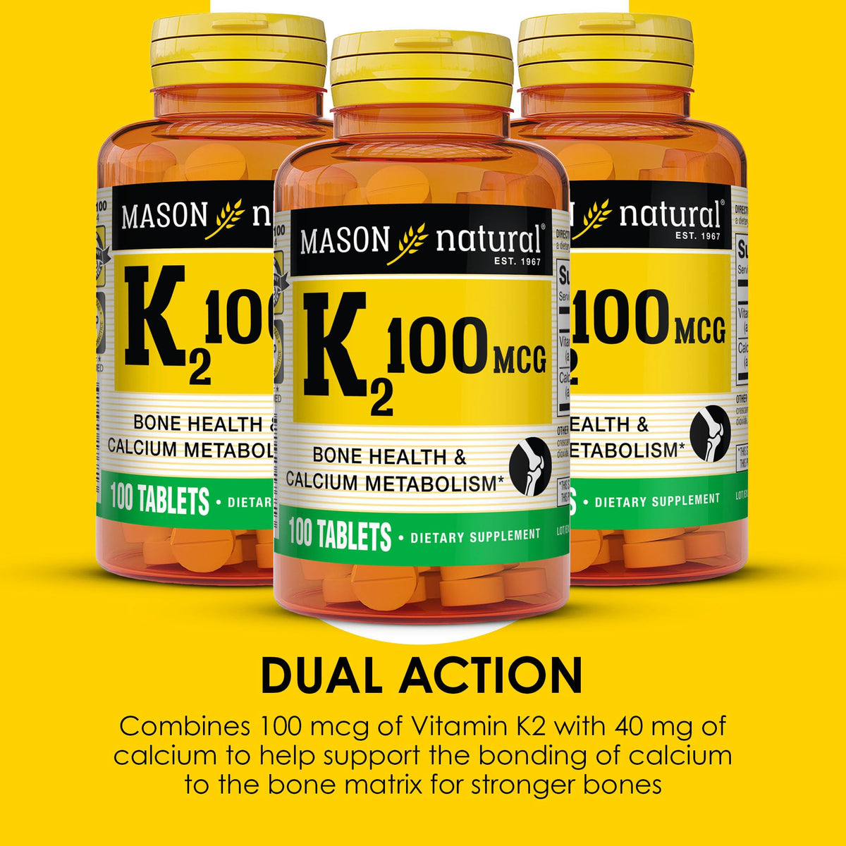 MASON NATURAL Complément Alimentaire K2 100 mcg avec Calcium, comprimés sur une surface blanche