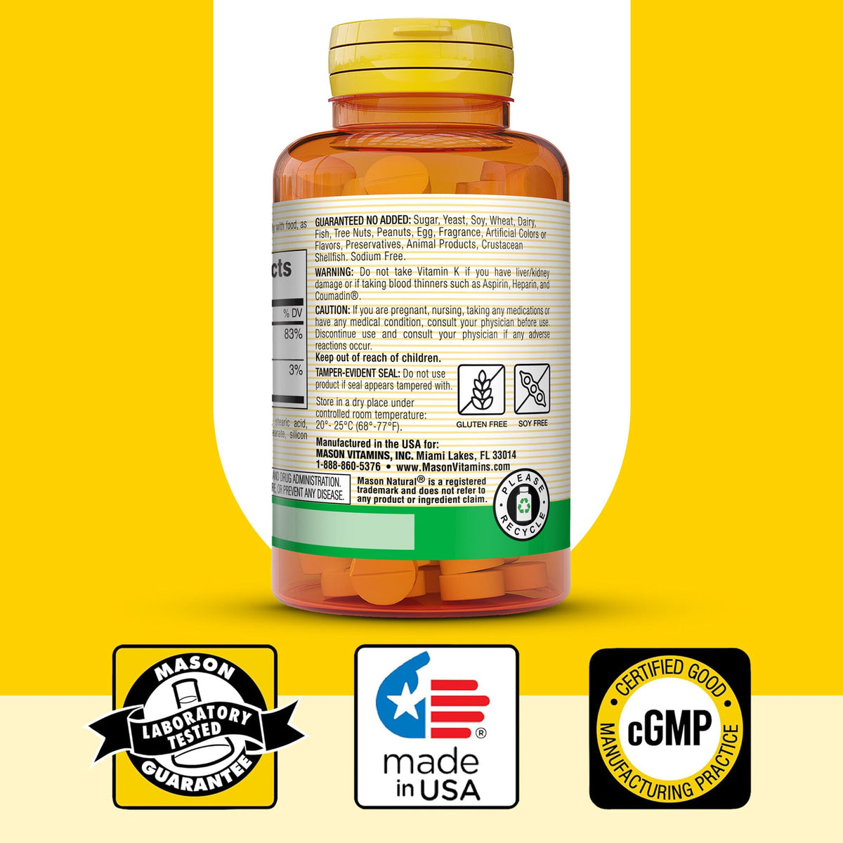 MASON NATURAL Complément Alimentaire K2 100 mcg avec Calcium, comprimés dans un verre