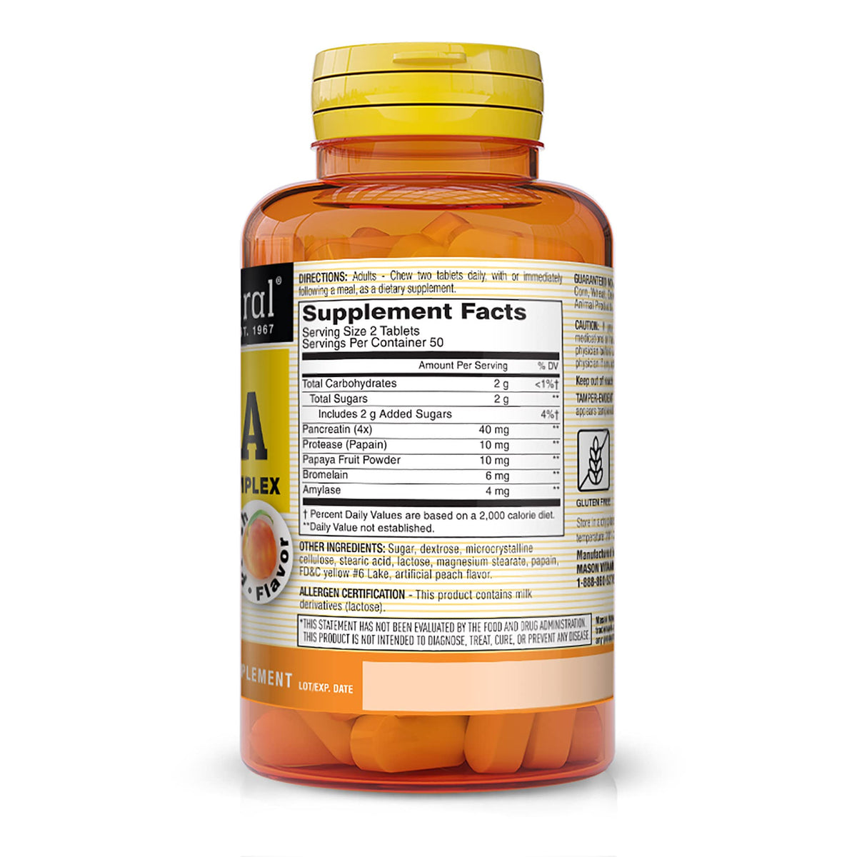 MASON NATURAL Complexe d'Enzymes de Papaye, emballage et informations nutritionnelles
