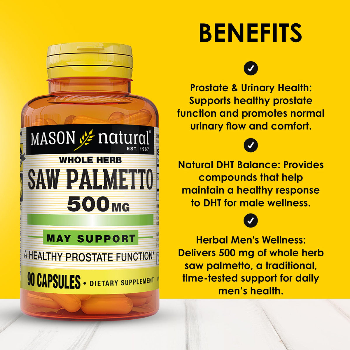 MASON NATURAL Saw Palmetto 500 mg 90 capsules, étiquette détaillée