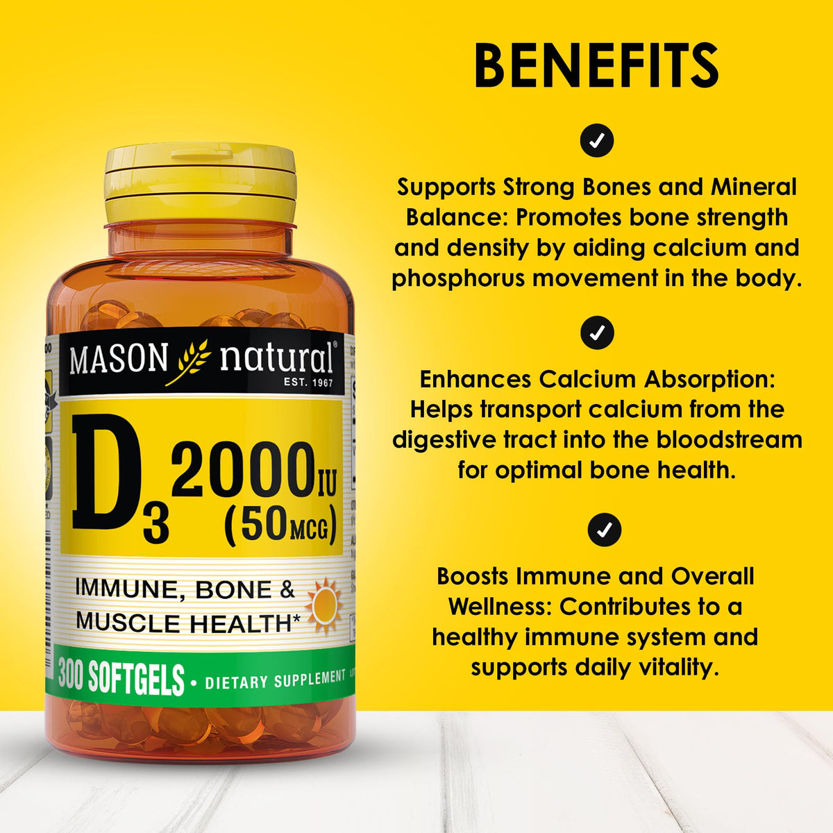MASON NATURAL Vitamine D3 2000 IU capsules en gros plan