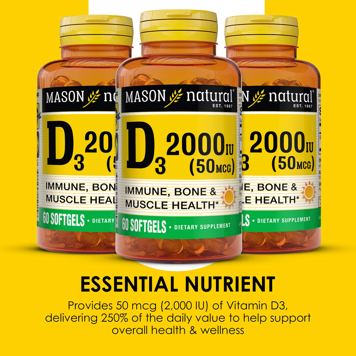 MASON NATURAL Vitamine D3 2000 IU capsules sur fond blanc