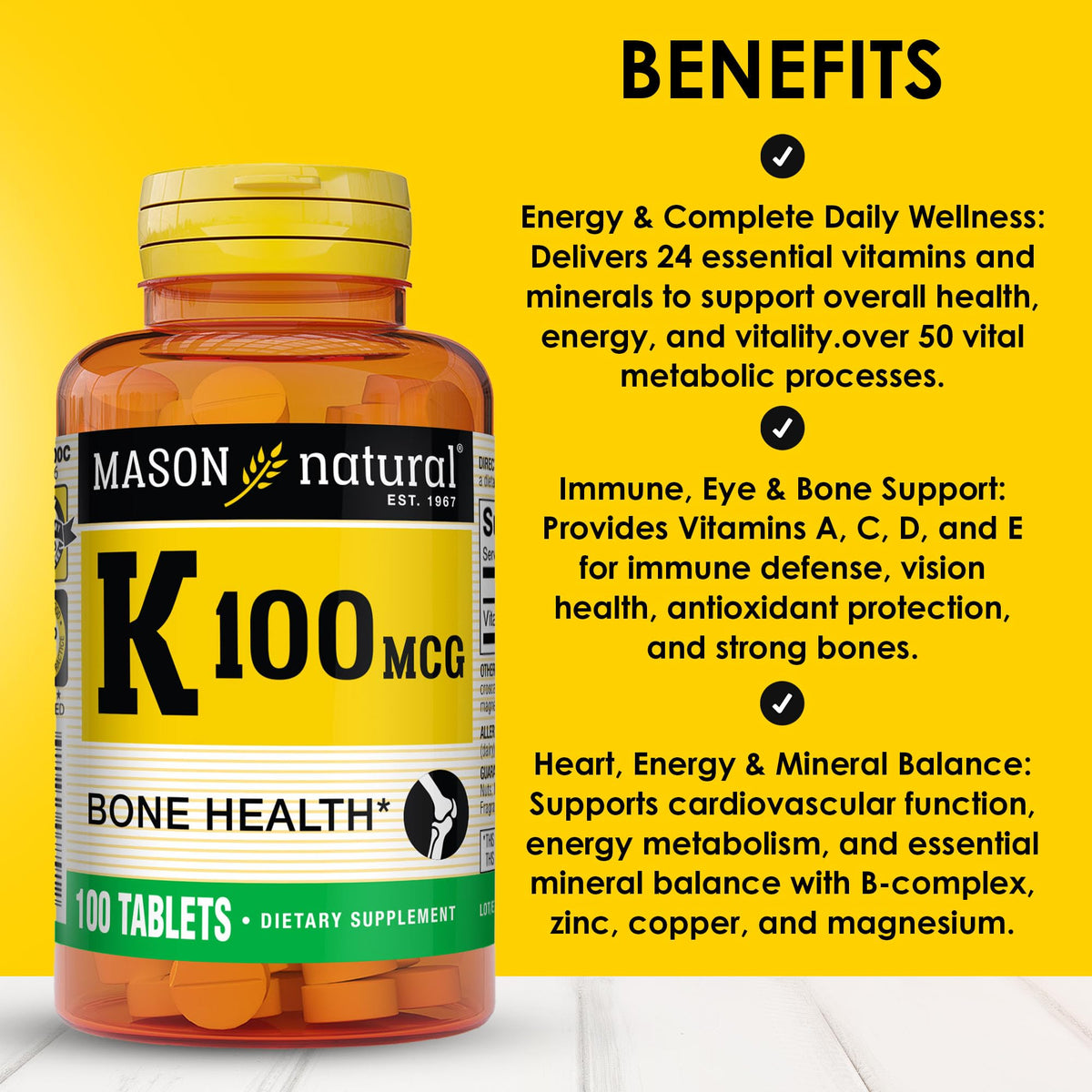 MASON NATURAL Vitamine K1 100 mcg capsules sur fond blanc