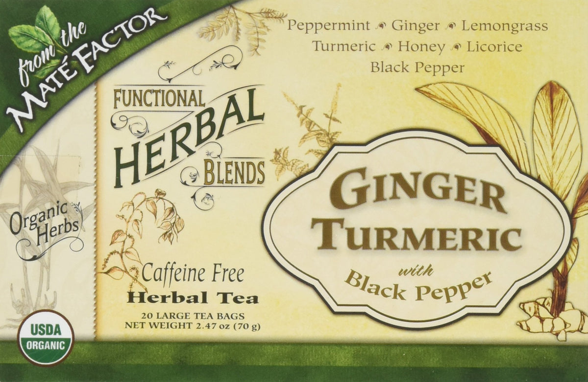 Maté Factor sachets de mélange bio de curcuma et gingembre à l'intérieur de l'emballage