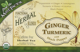 Maté Factor sachets de mélange bio de curcuma et gingembre à l'intérieur de l'emballage