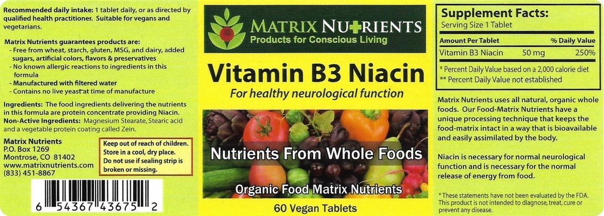 Matrix Nutrients Vitamine B3 Niacine bio comprimés avec étiquette