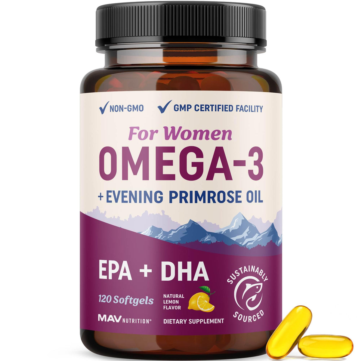 MAV NUTRITION Compléments Alimentaires Omega 3 600mg Femmes, vue avant
