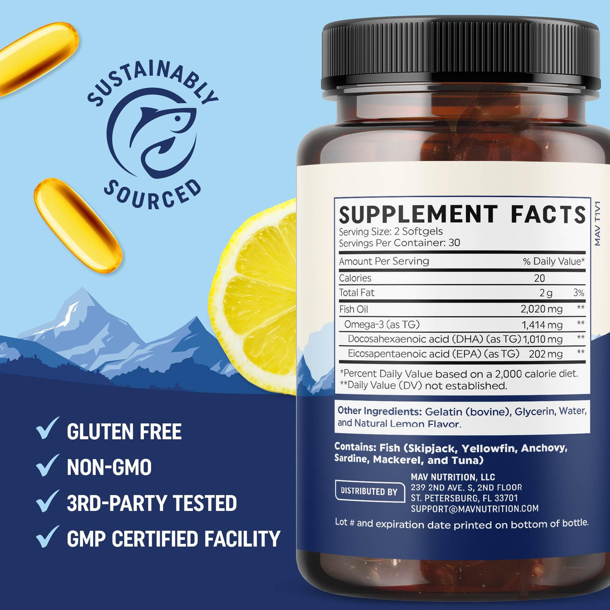 MAV NUTRITION DHA Ultra 1010MG, flacon ouvert avec capsules