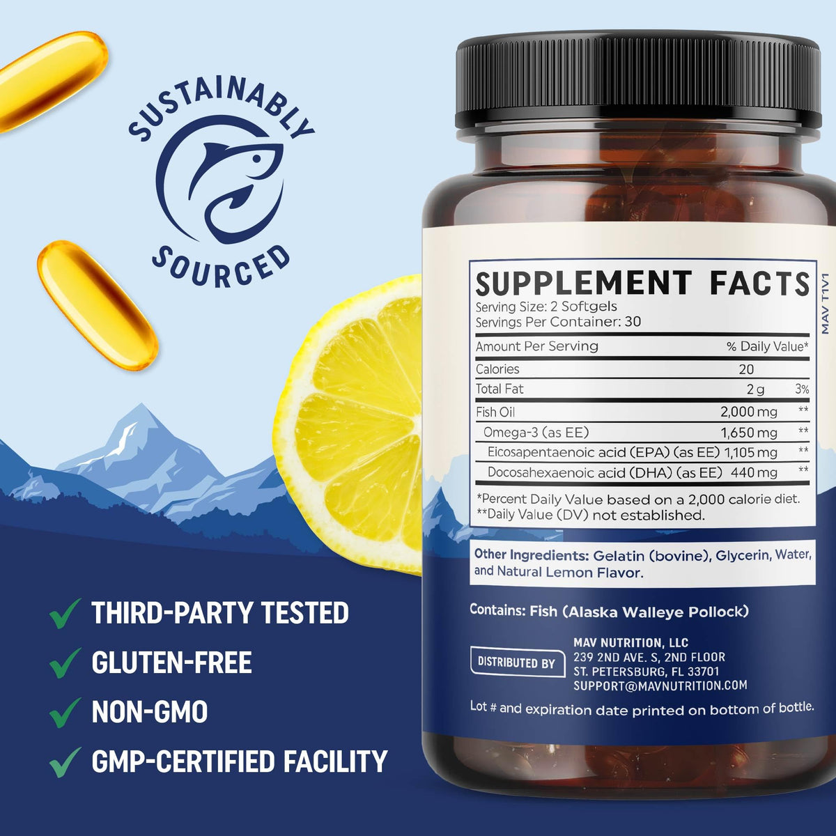 MAV NUTRITION EPA Ultra 1105MG boîte avec gélules en arrière-plan