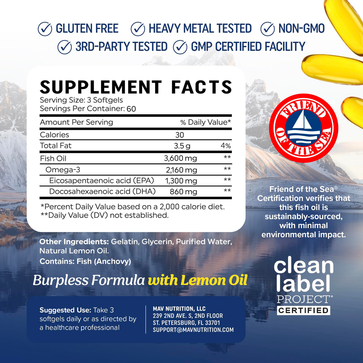 MAV NUTRITION Huile de Poisson Omega 3 Triple Force 3600 mg flacon ouvert