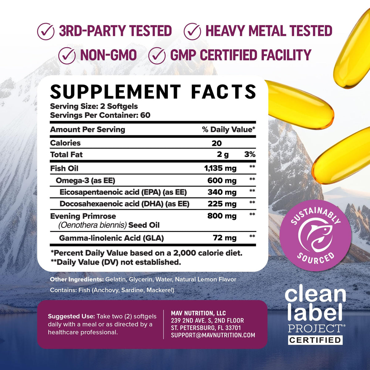 MAV NUTRITION Omega 3 600mg, présentation des capsules