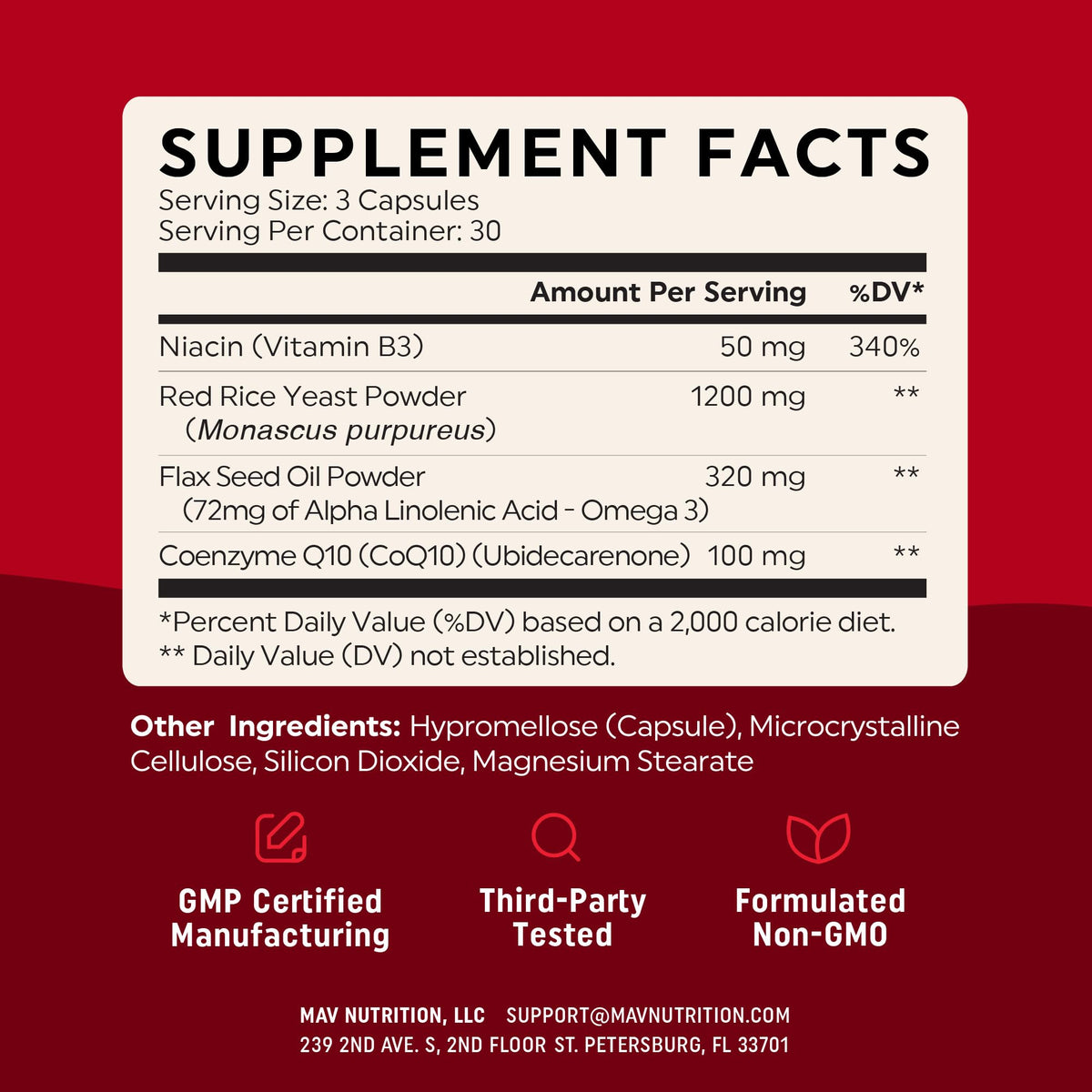 MAV NUTRITION Riz Rouge 1200mg avec CoQ10 et Oméga 3 - étiquette du produit
