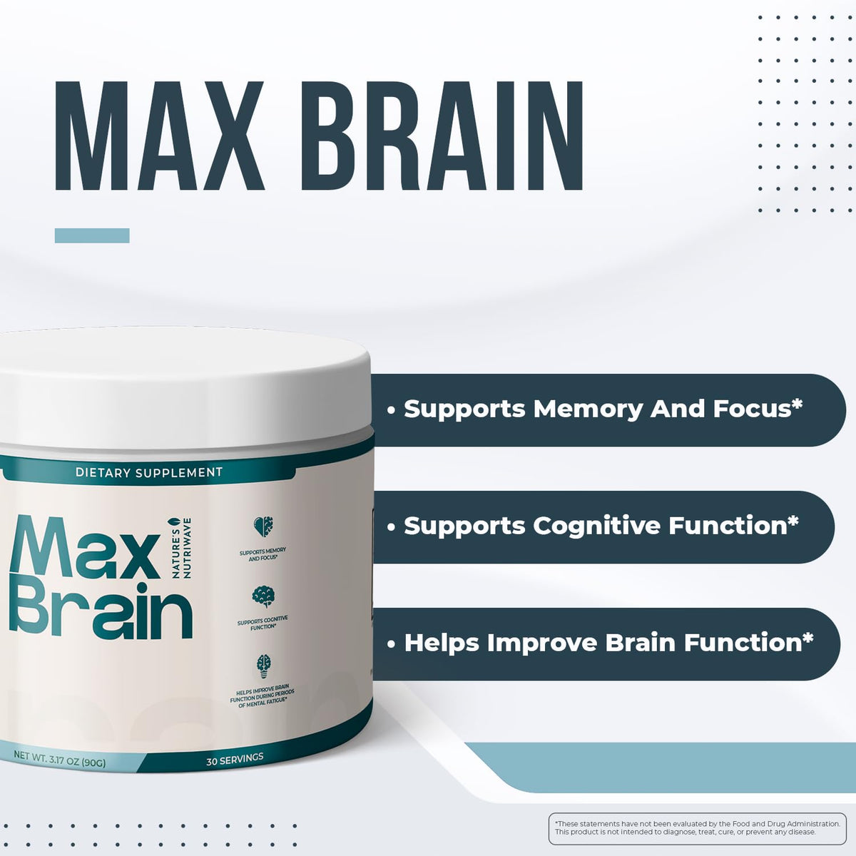 Max Brain Powder Nature’s NutriWave 762g emballage ouvert montrant la poudre