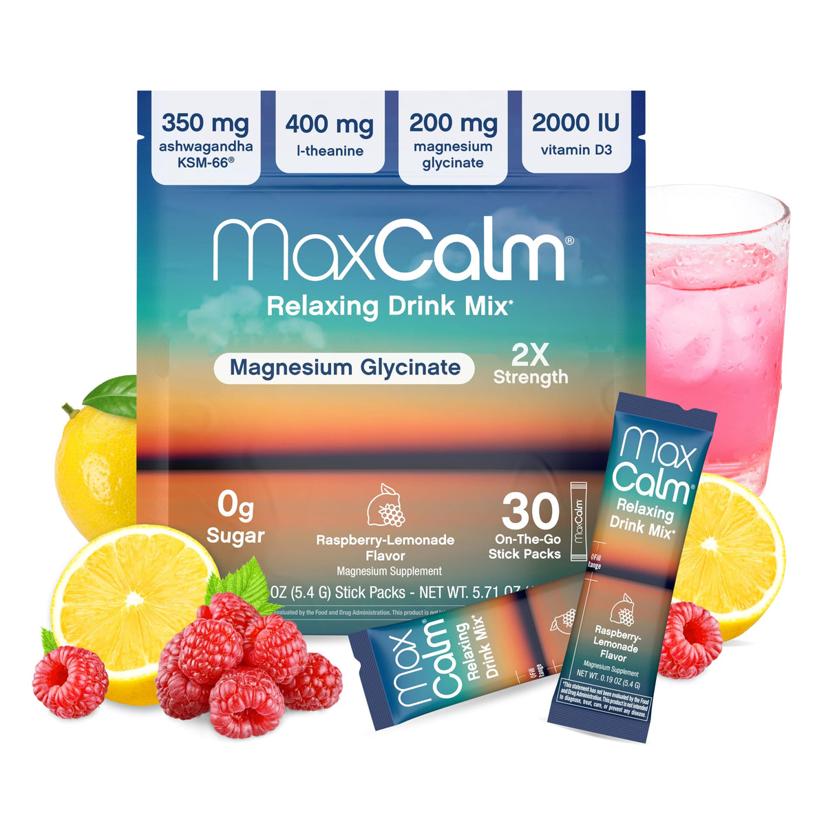 Max Calm Mélange de Boisson Saveur Framboise-Citron, sachets individuels