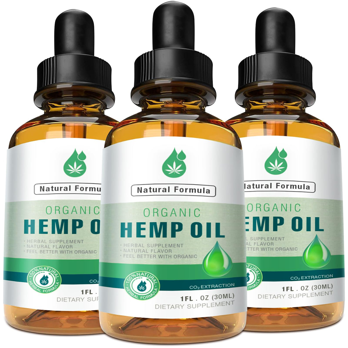 MaxHemp Huile Bio Premium 3 Pack vue avant avec gouttes naturelles