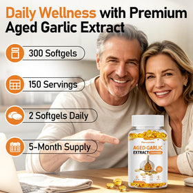 Maxhemphealth Extrait d'ail vieilli sur une table avec d'autres suppléments
