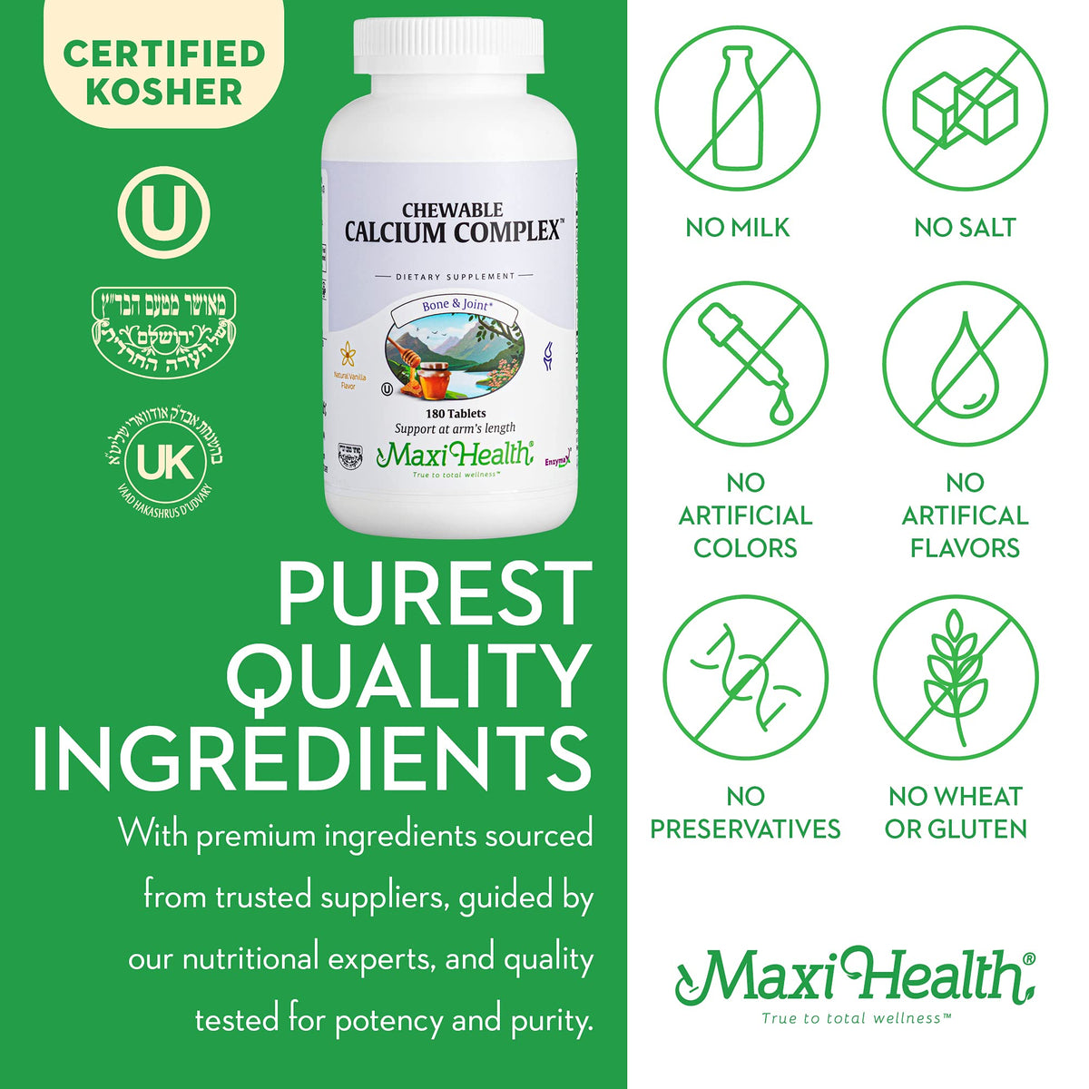 Maxi Health Chewable Calcium 1000mg D3 Magnésium comprimés sur une table