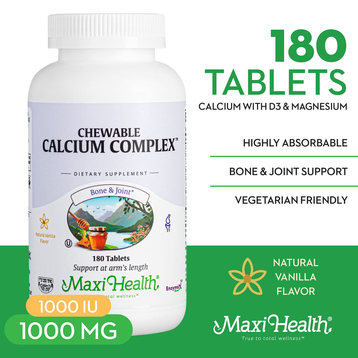Maxi Health Chewable Calcium 1000mg D3 Magnésium emballage avec informations