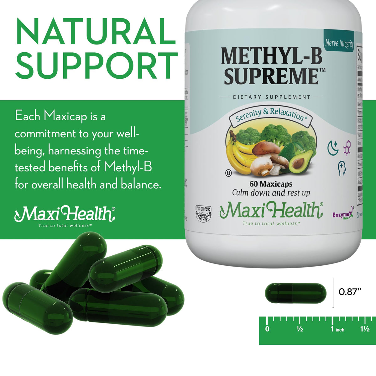 Maxi Health Methyl-B Complex 60 capsules on a wooden table