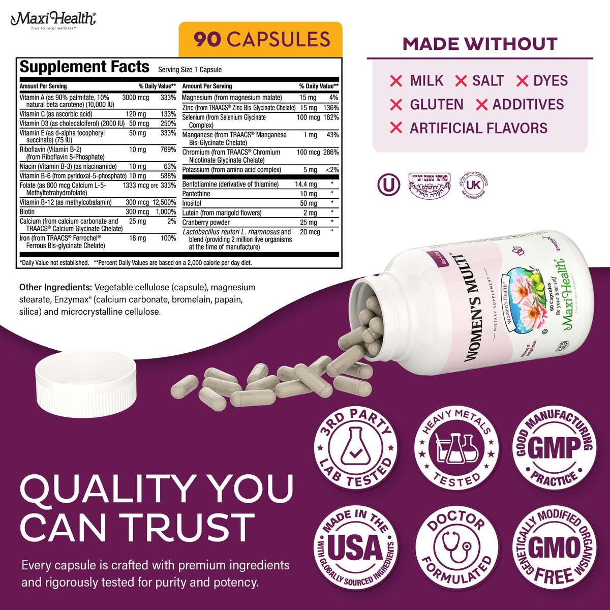 Maxi Health Multivitamines Femmes 90 capsules sur fond blanc