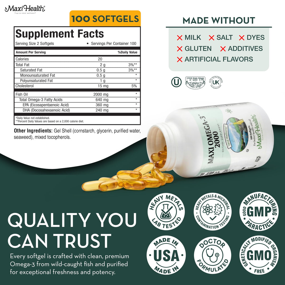 Maxi Health Omega 3 Gélules sur fond blanc