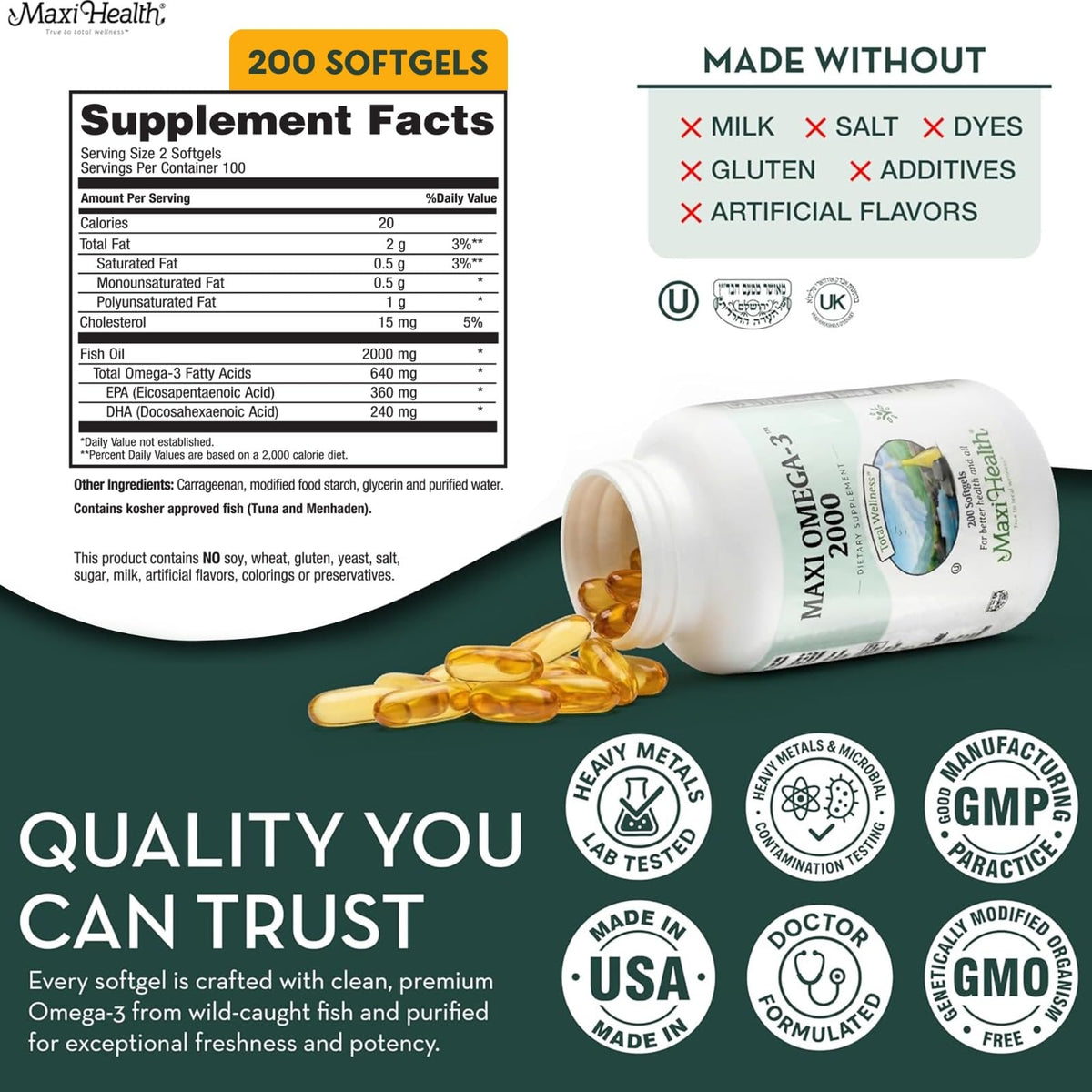 Maxi Health Omega 3 Huile de Poisson 2000mg gélules côté