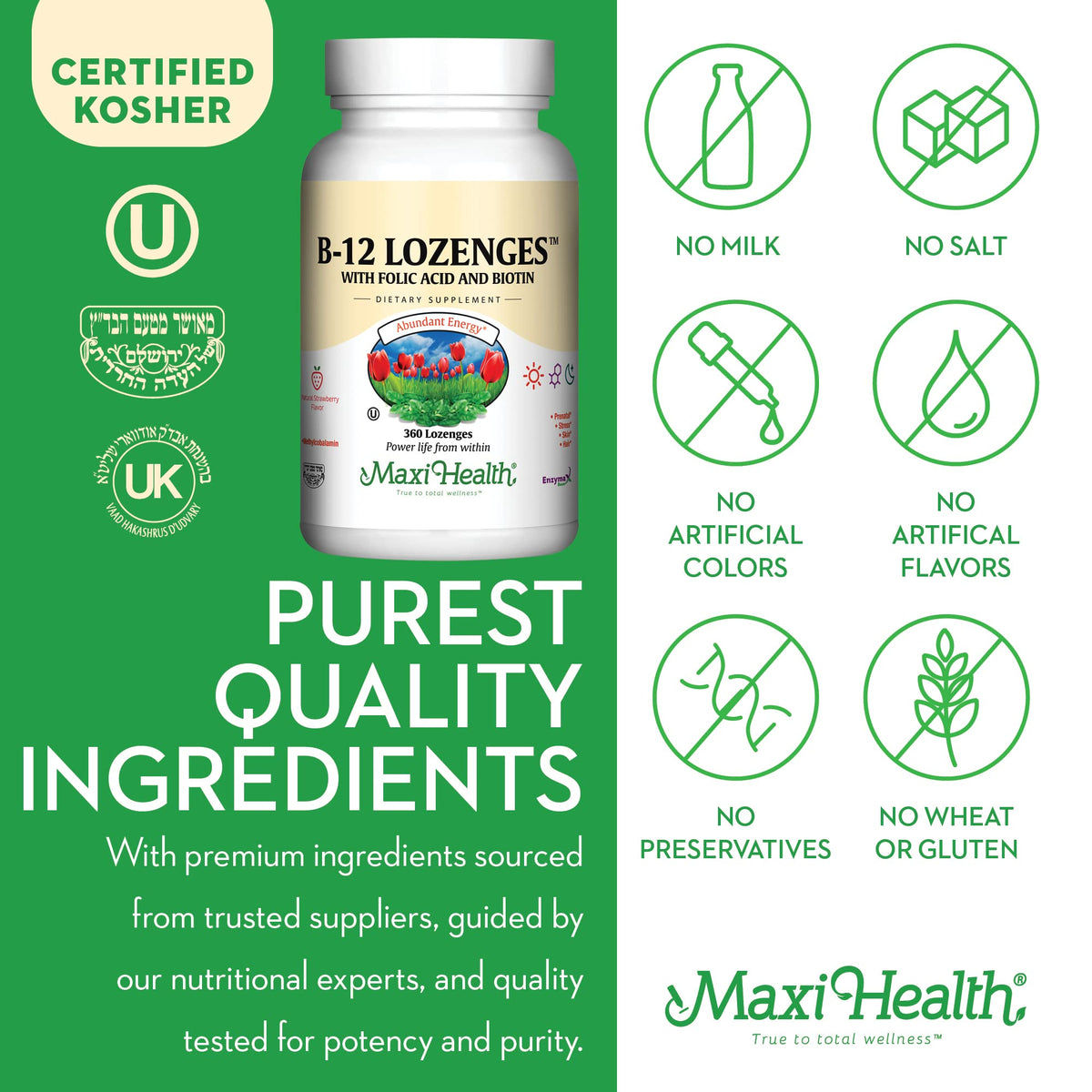 Maxi Health Vitamine B12 Fraise étiquette avec ingrédients