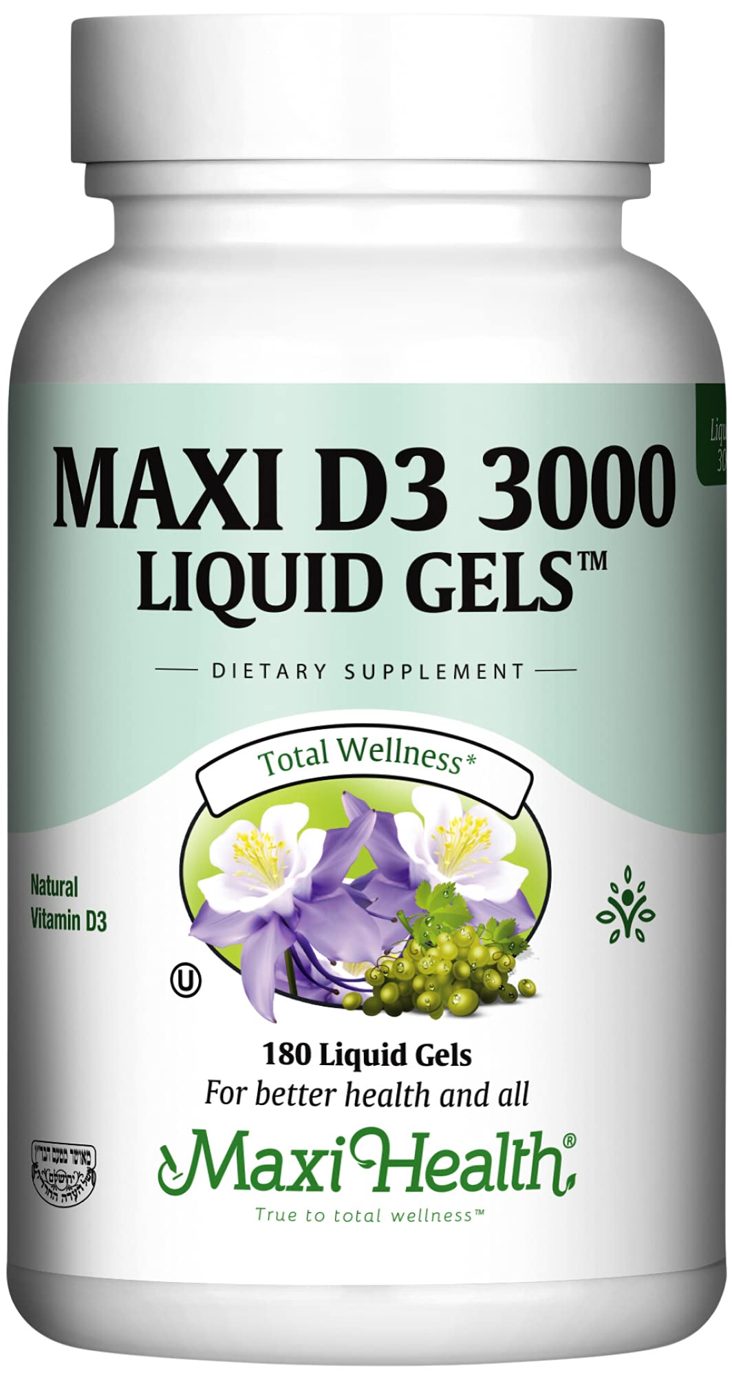 Maxi Health Vitamine D3 3000 UI 180 gélules molles vue de face