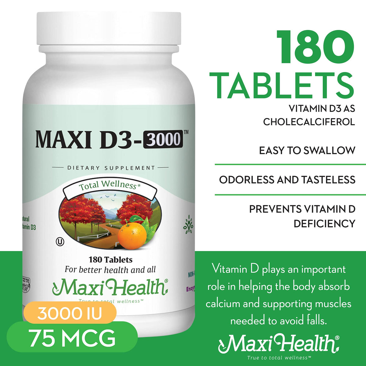 Maxi Health Vitamine D3 3000 UI - étiquette du flacon