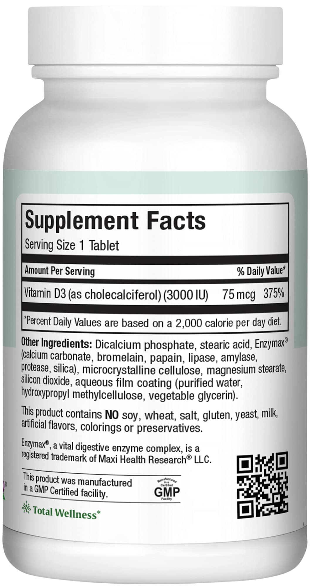 Maxi Health Vitamine D3 3000 UI - vue de côté du flacon