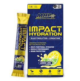 Maximum Human Performance Impact Hydration sachets avant avec étiquette citron-lime
