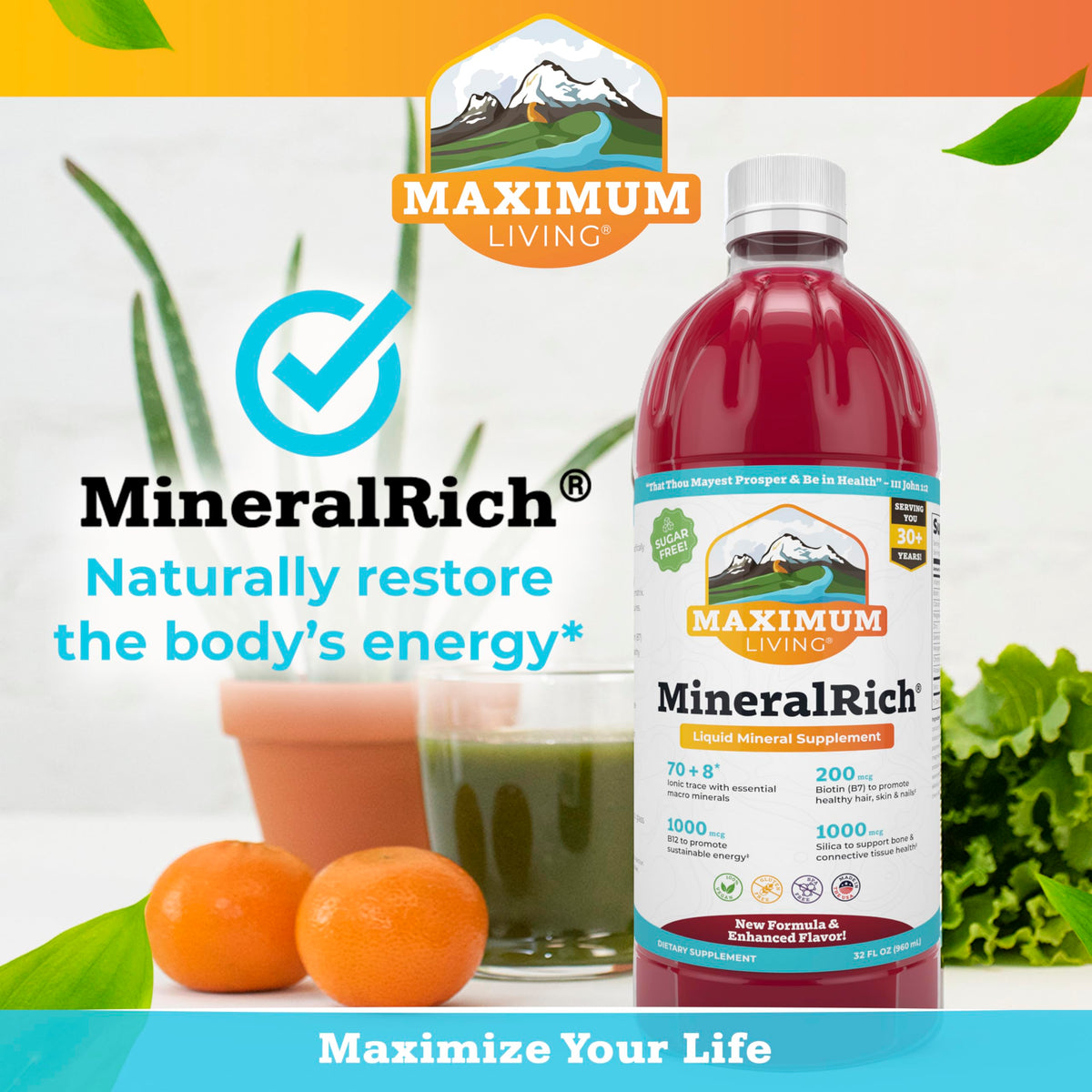 Maximum Living MineralRich arrière vue avec informations nutritionnelles