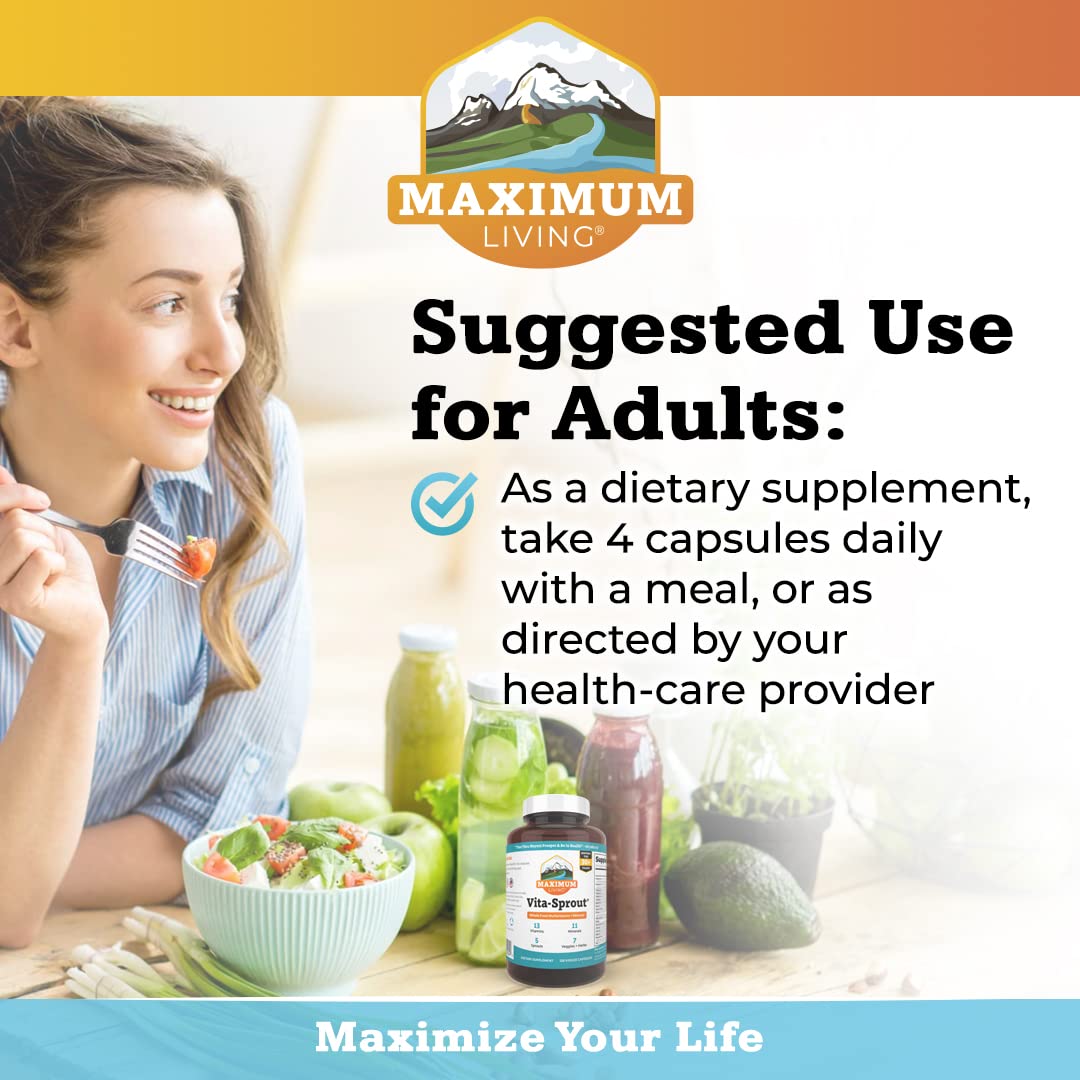 Maximum Living Vita-Sprout Multivitamine Whole-Food 120 capsules back view with ingredients