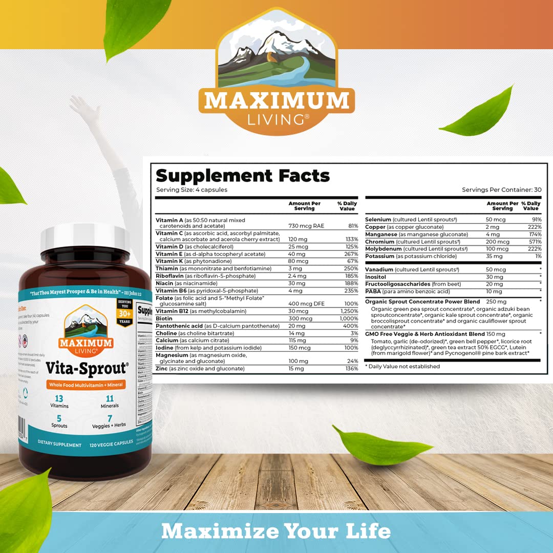 Maximum Living Vita-Sprout Multivitamine Whole-Food 120 capsules side view