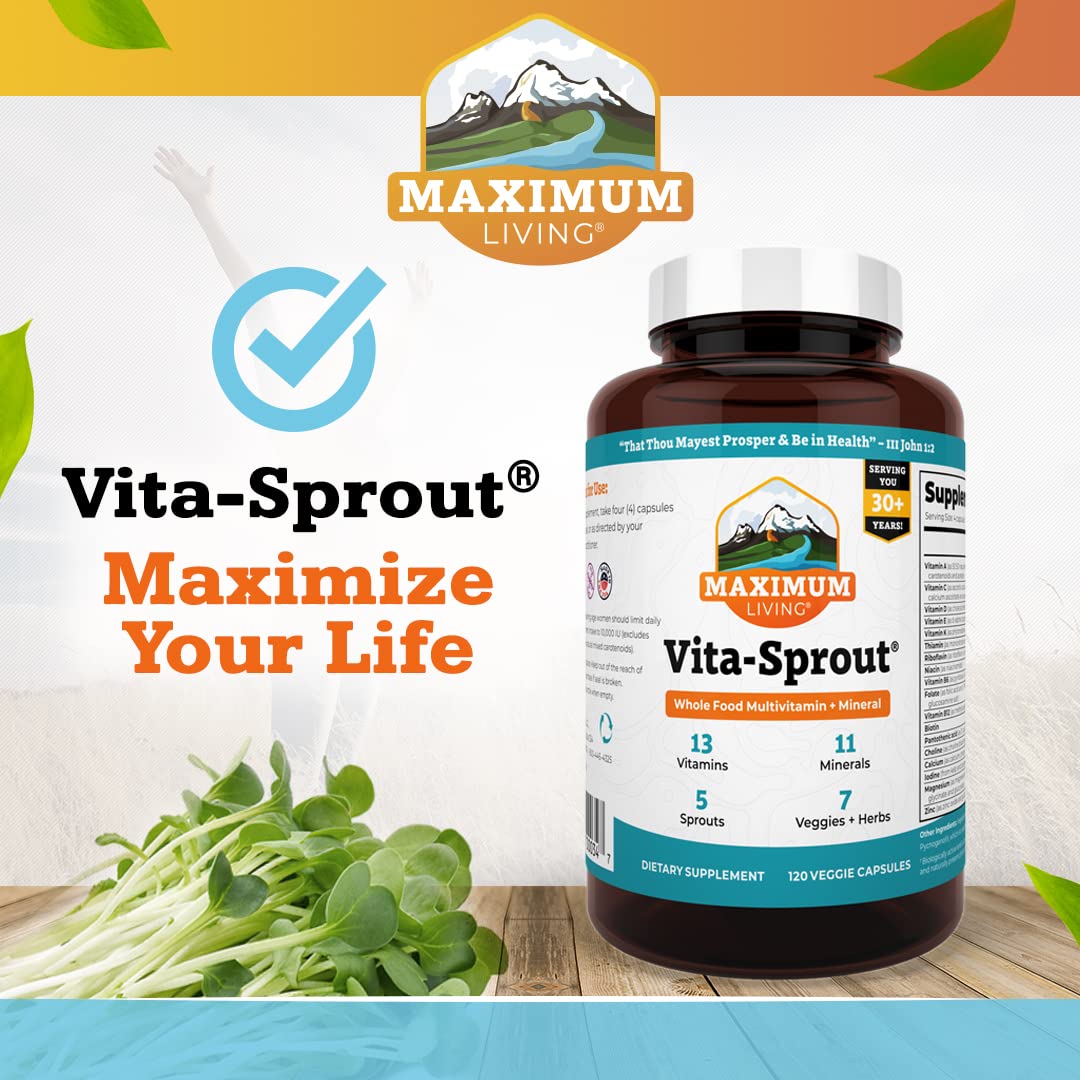Maximum Living Vita-Sprout Multivitamine Whole-Food capsules on a wooden table