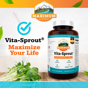 Maximum Living Vita-Sprout Multivitamine Whole-Food capsules on a wooden table