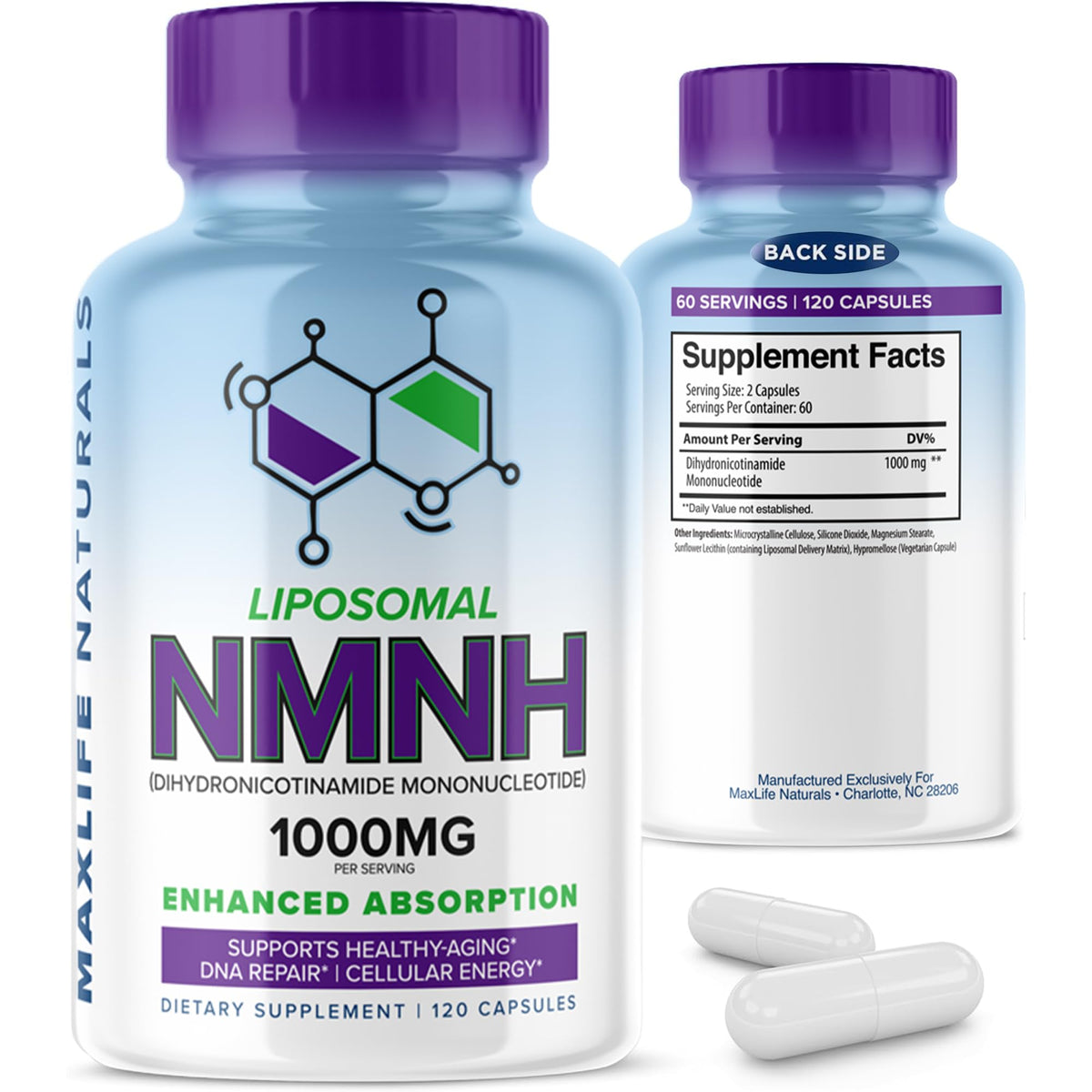 MAXLIFE NATURALS NMNH 1000mg supplément capsules vue avant