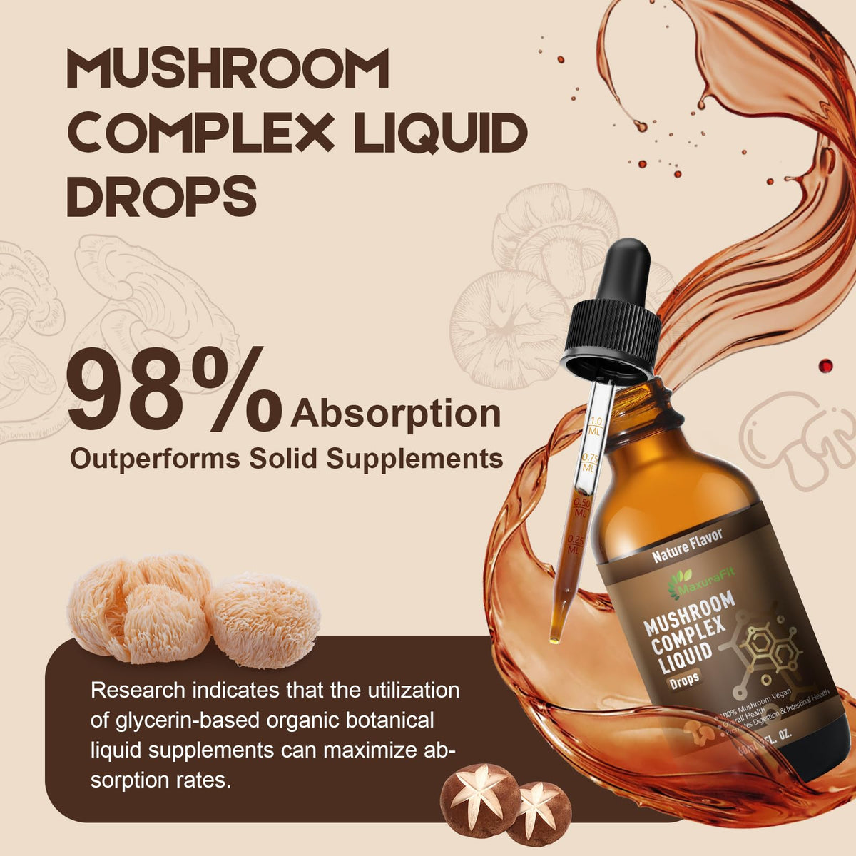 MaxuraFit teinture champignons 7 en 1 avec verre d'eau