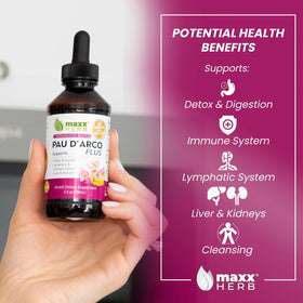 Maxx Herb Extrait de Pau D'Arco bouteille avec étiquette détaillée