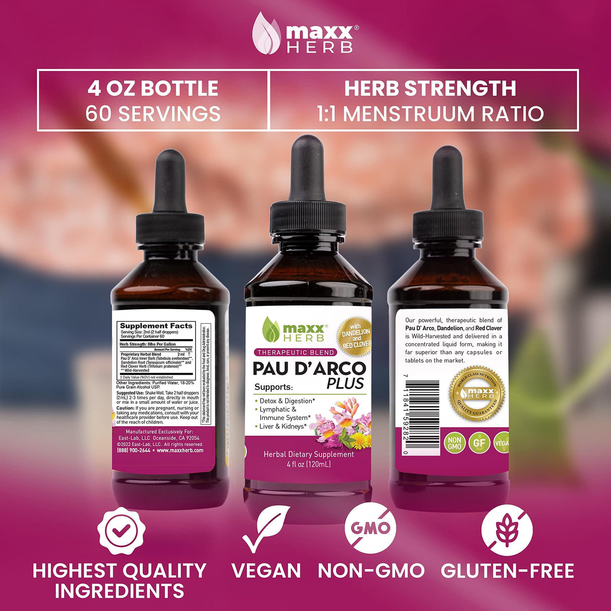Maxx Herb Extrait de Pau D'Arco ensemble de 4 bouteilles