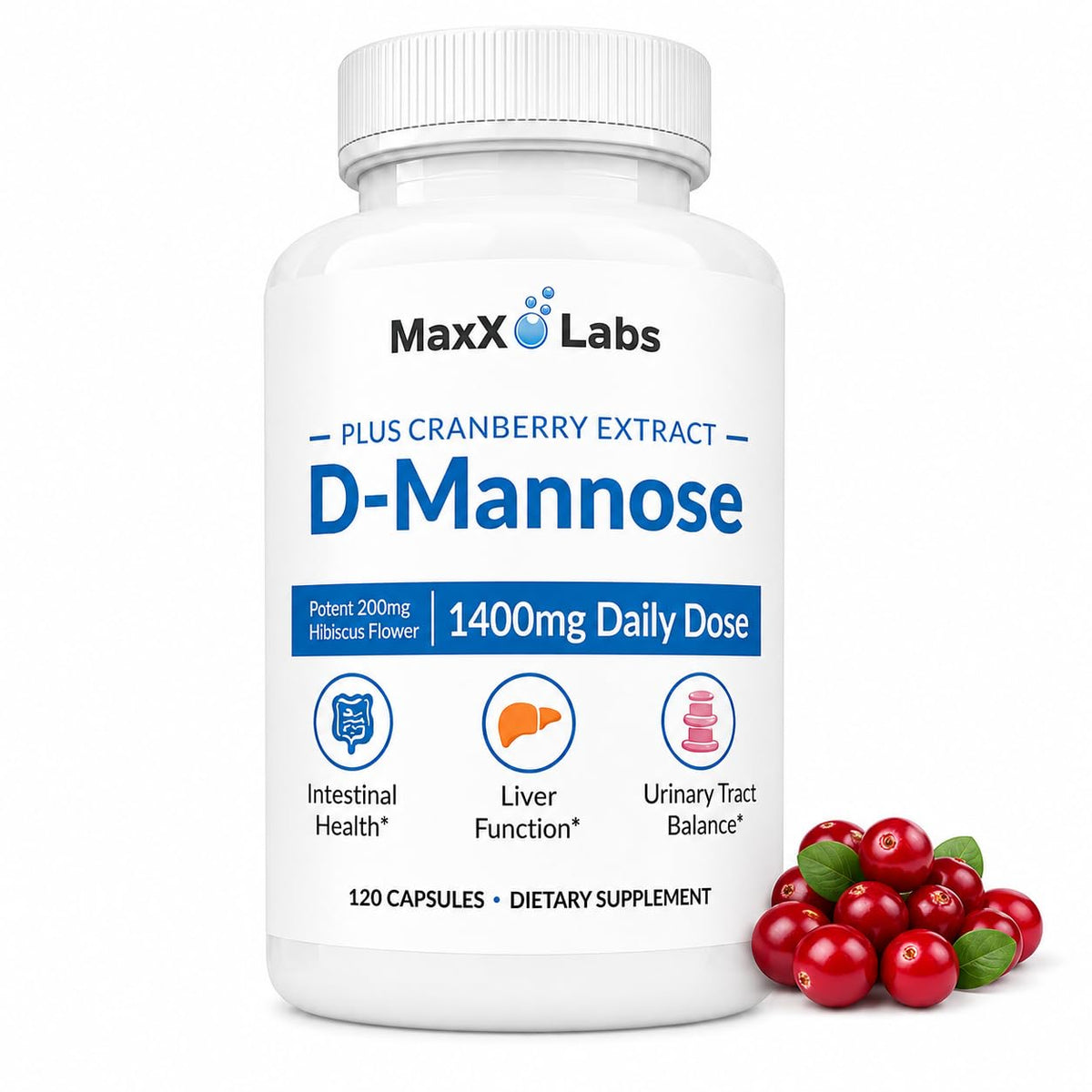 MaxX Labs D-Mannose Capsules 1400 Mg front view with packaging
